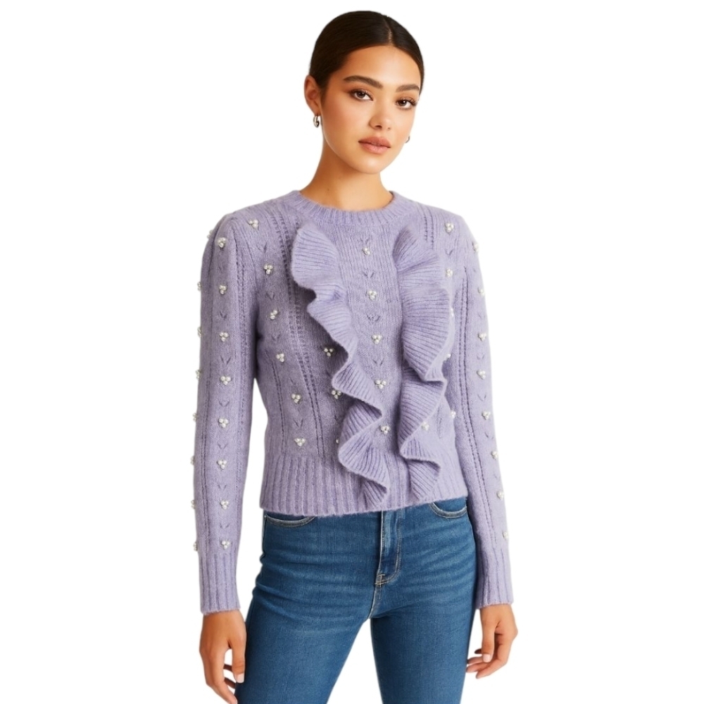 Industry Lavender Pointelle Knit Ruffle Front Wool Blend Sweater Size Medium